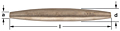 Horizontal image of a cylindrical bronze metal drift pin.  Tapered at both ends, with a fat middle barrel, labeled with "AMPCO D4 ALBR" along its length. It is shown with dimensions for length and diameter for both ends.